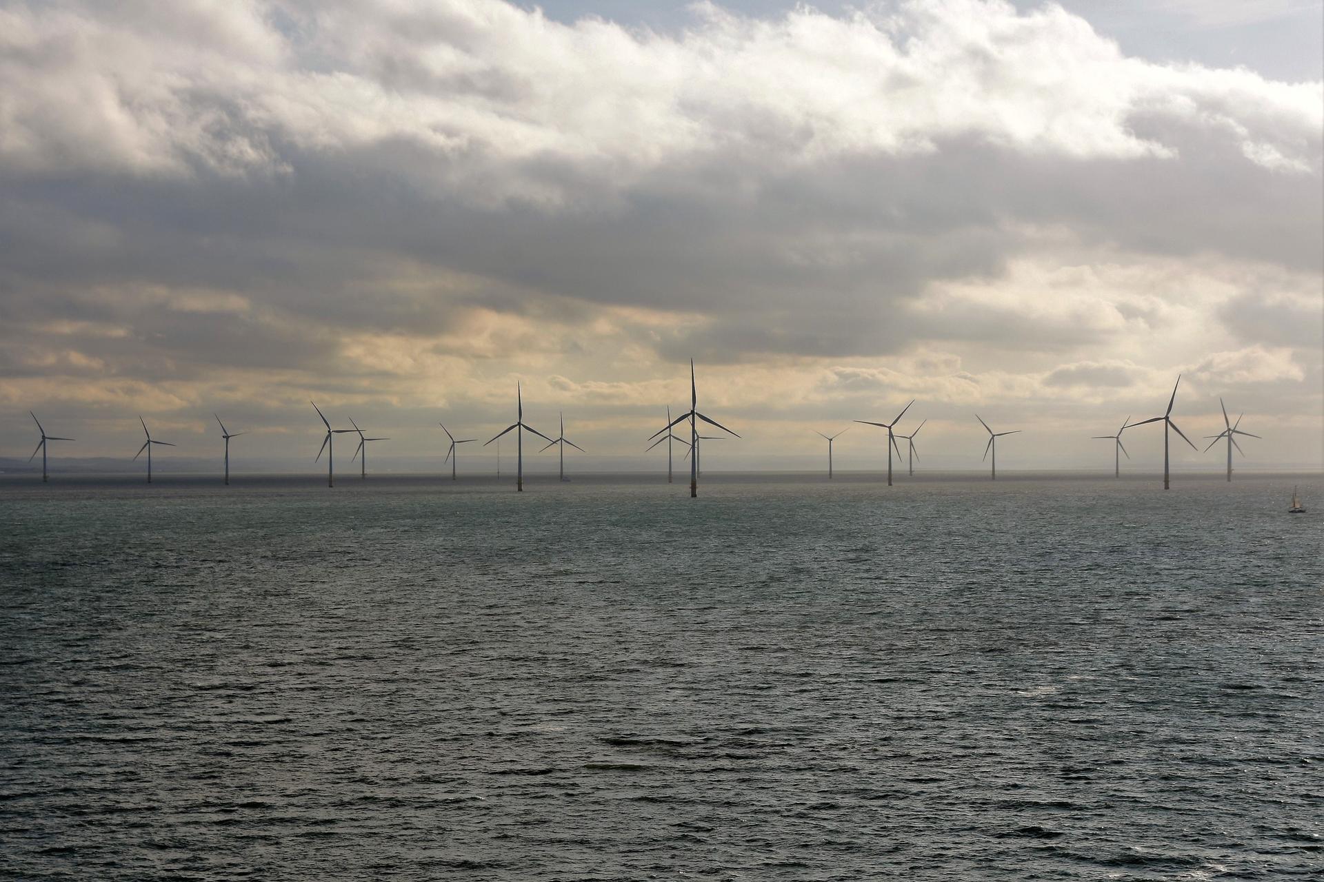 View on the London Array, offshore wind farm with plenty turbines.